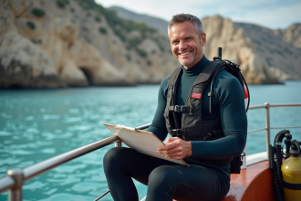 Moniteur de plongée en néoprène souriant sur le bateau