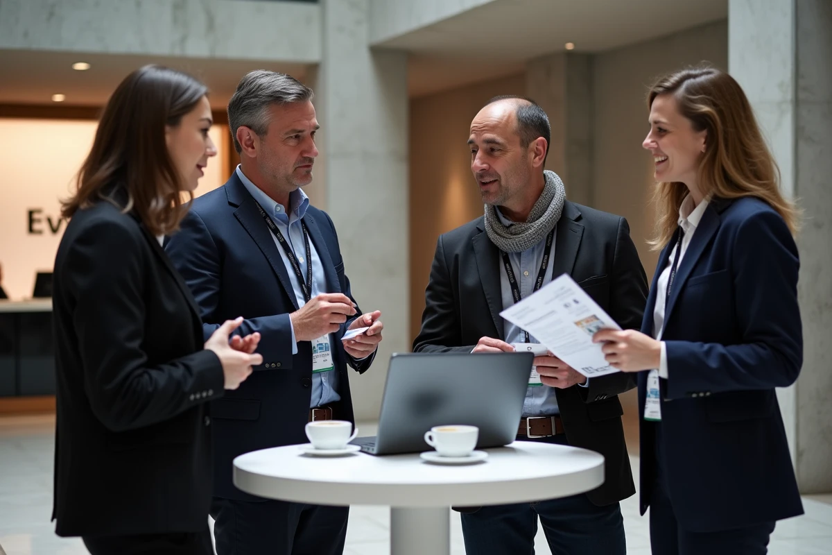 Networking lors d'une pause café pendant une conférence digitale à Paris avec des professionnels échangeant leurs contacts