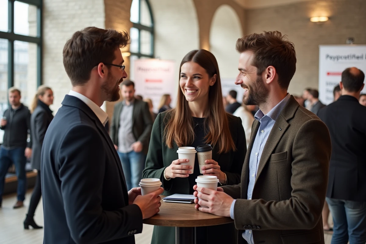 Professionnels du marketing en train de networker pendant une pause lors d'une conférence digitale à Paris