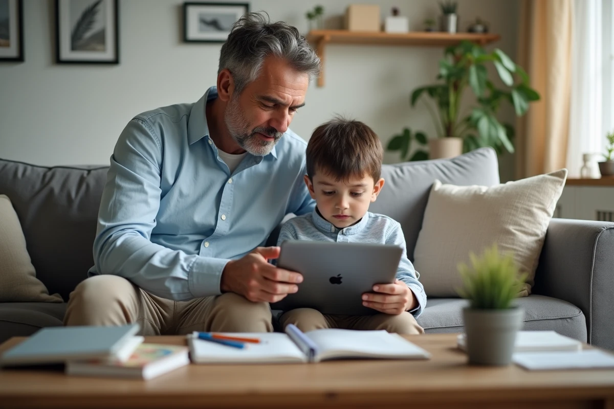 Père et son fils regardent une tablette dans le salon