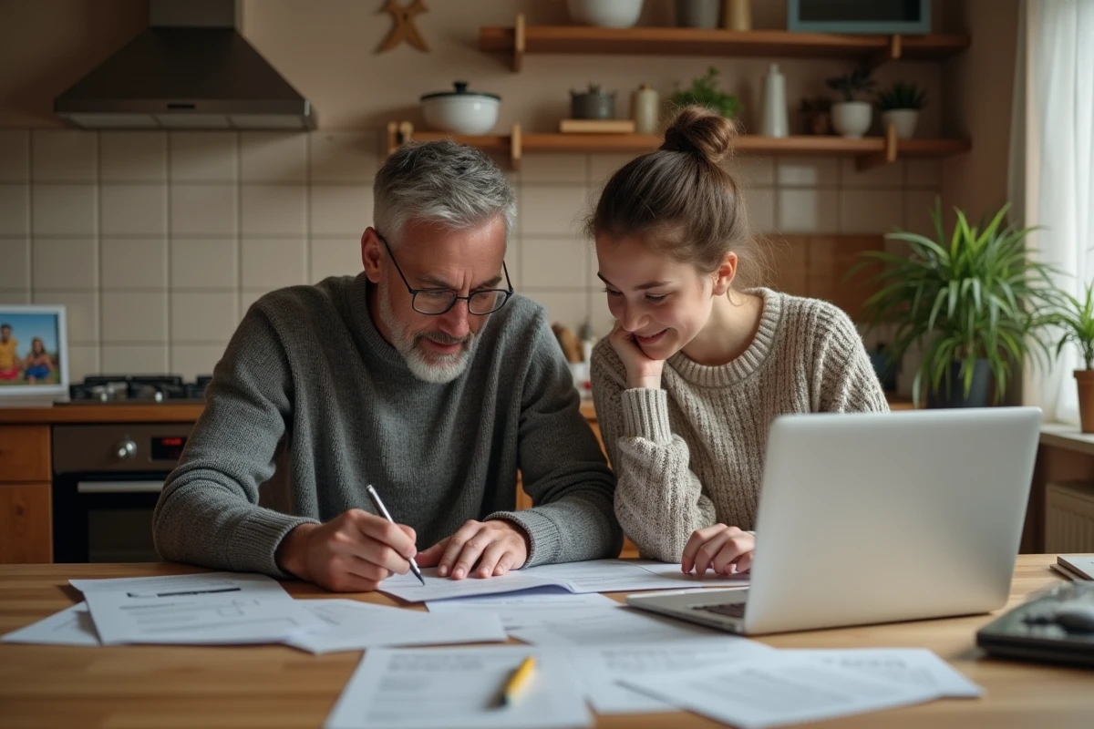 P&egrave;re et fille examinant papiers &agrave; la cuisine