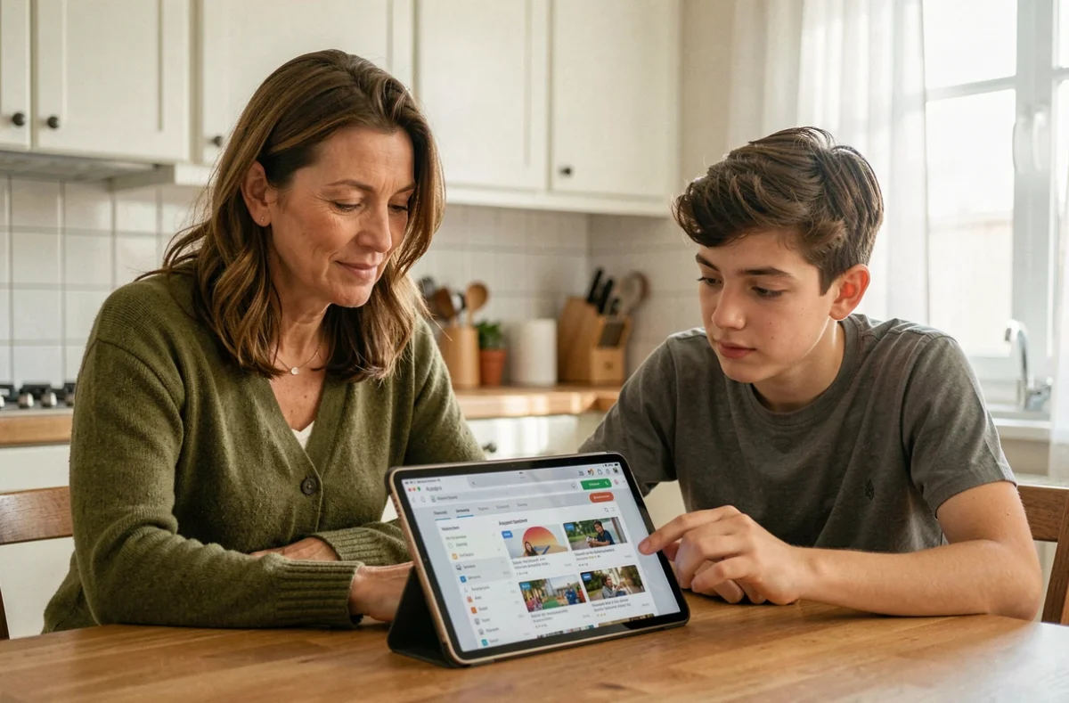 Mère aidant son fils adolescent à accéder aux cours en ligne via Educ de Normandie sur une tablette à la maison lors d'une période d'absence scolaire