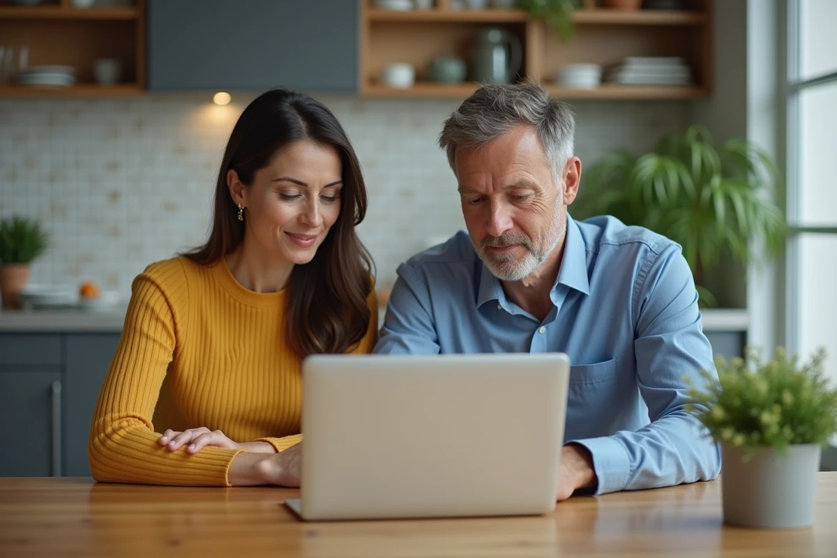 Parents attentifs devant un ordinateur dans la cuisine