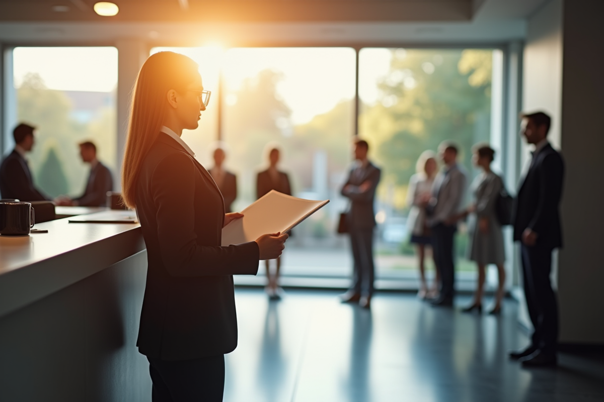 Professionnel en attente à la reception d’un bureau administratif