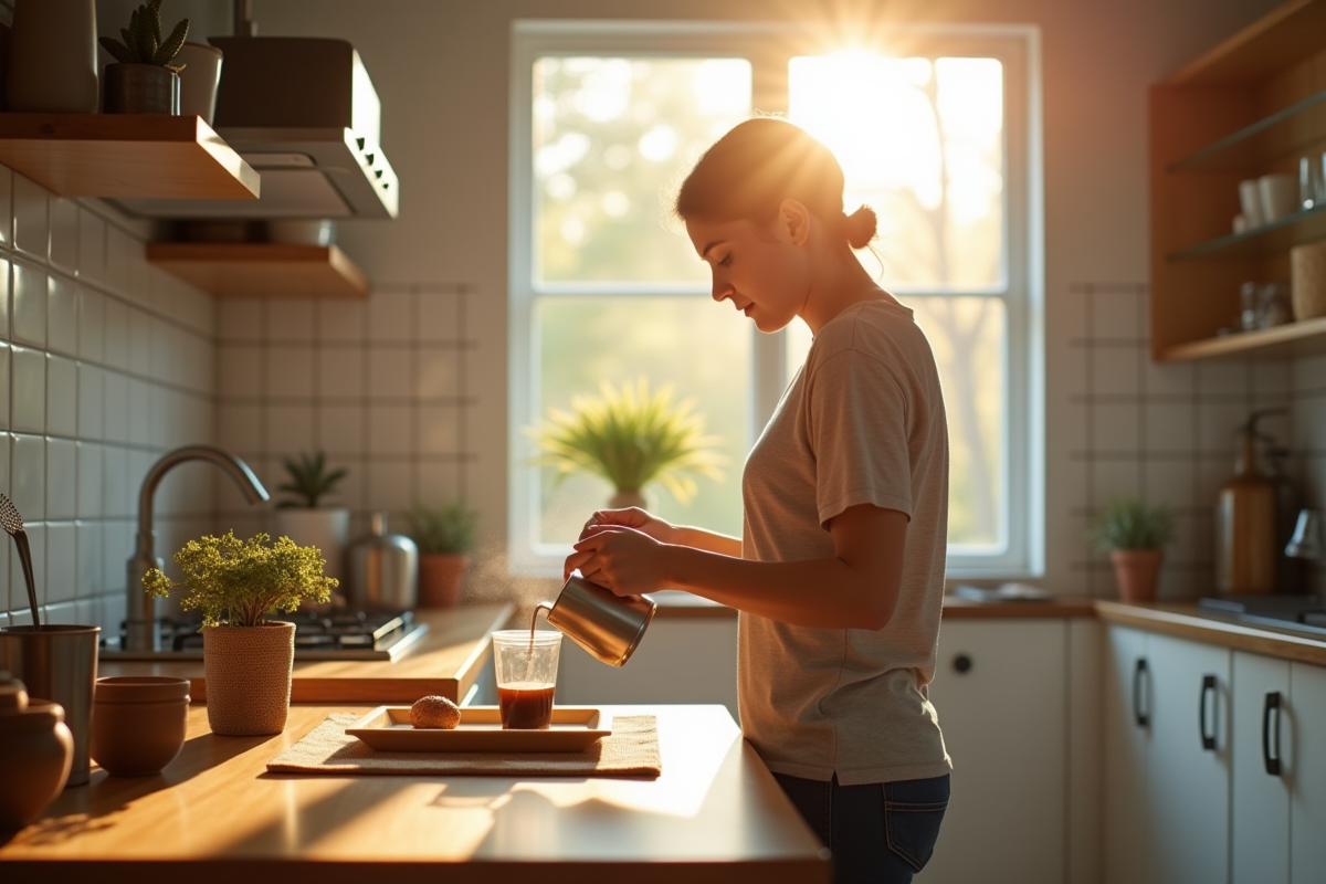 Jeune professionnel préparant un petit déjeuner lumineux