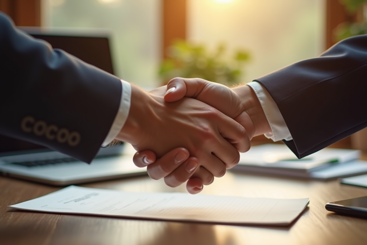 Poignée de mains ferme sur un bureau en bois pour symboliser la confiance