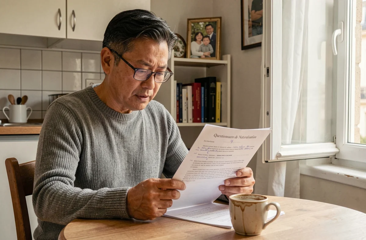 Homme d'origine asiatique préparant seul son questionnaire de naturalisation française à son domicile, entouré de livres et de documents officiels