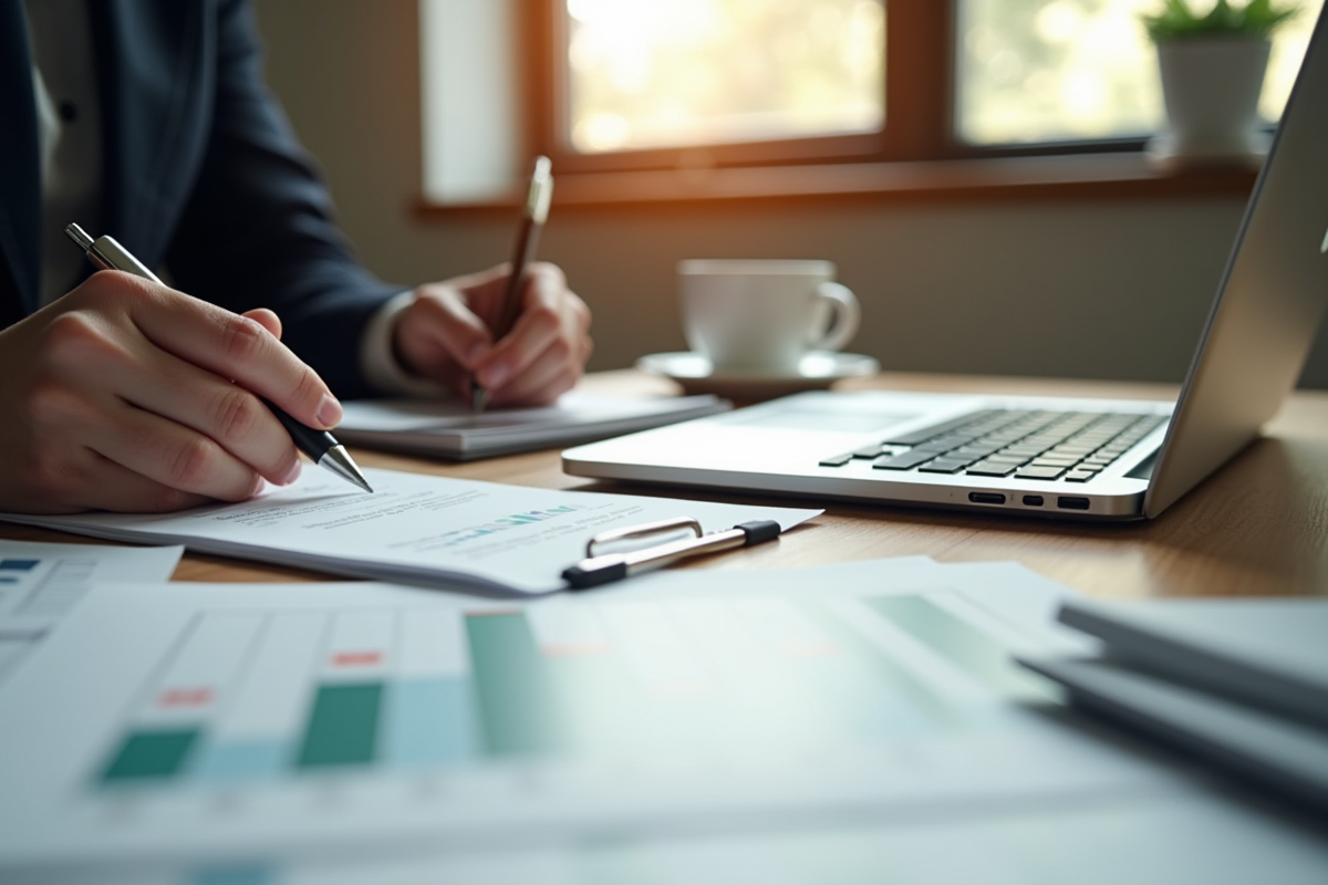 Mains écrivant des notes stratégiques sur un carnet avec ordinateur