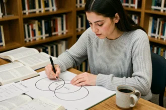 Étudiante en mathématiques dessinant un diagramme de Venn pour illustrer les probabilités conditionnelles P(A∩B) et P(B∩A)