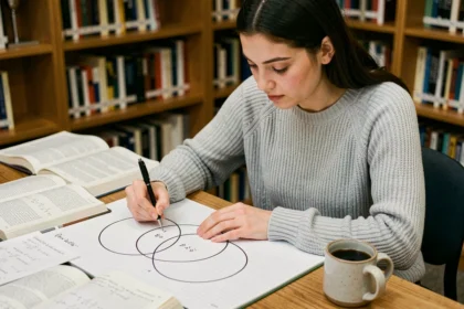Étudiante en mathématiques dessinant un diagramme de Venn pour illustrer les probabilités conditionnelles P(A∩B) et P(B∩A)