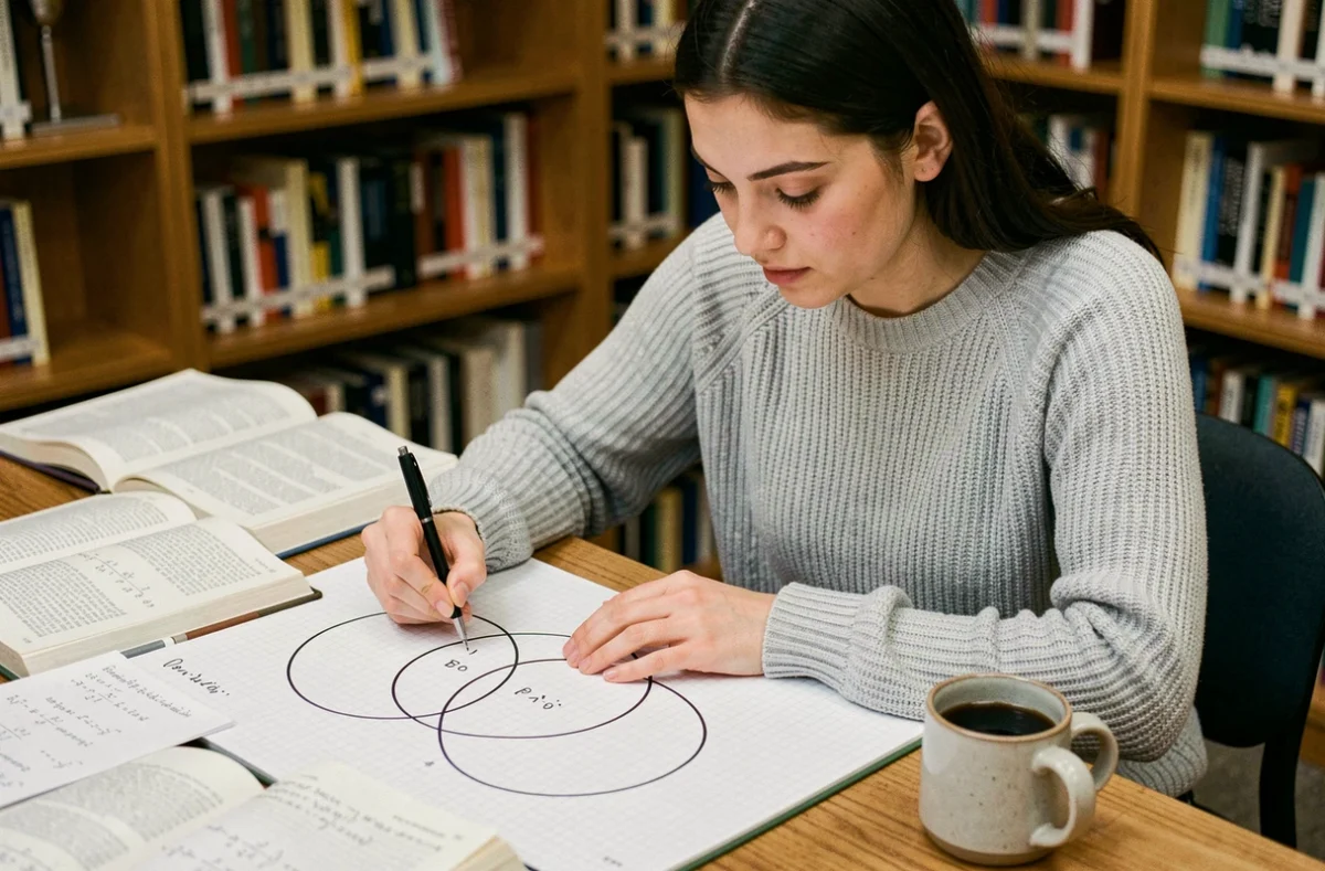 Étudiante en mathématiques dessinant un diagramme de Venn pour illustrer les probabilités conditionnelles P(A∩B) et P(B∩A)