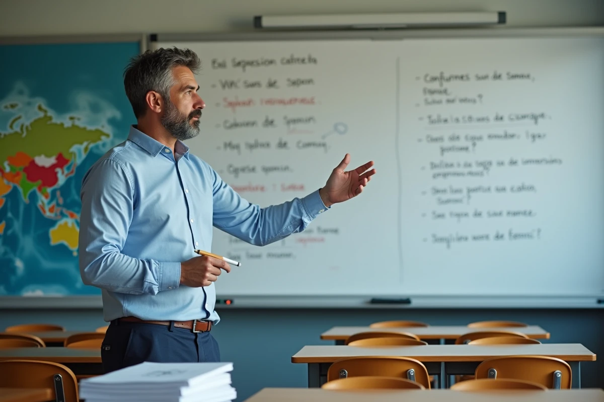 Professeur d'espagnol expliquant le subjonctif imparfait au tableau blanc devant une salle de classe avec des tableaux de conjugaison