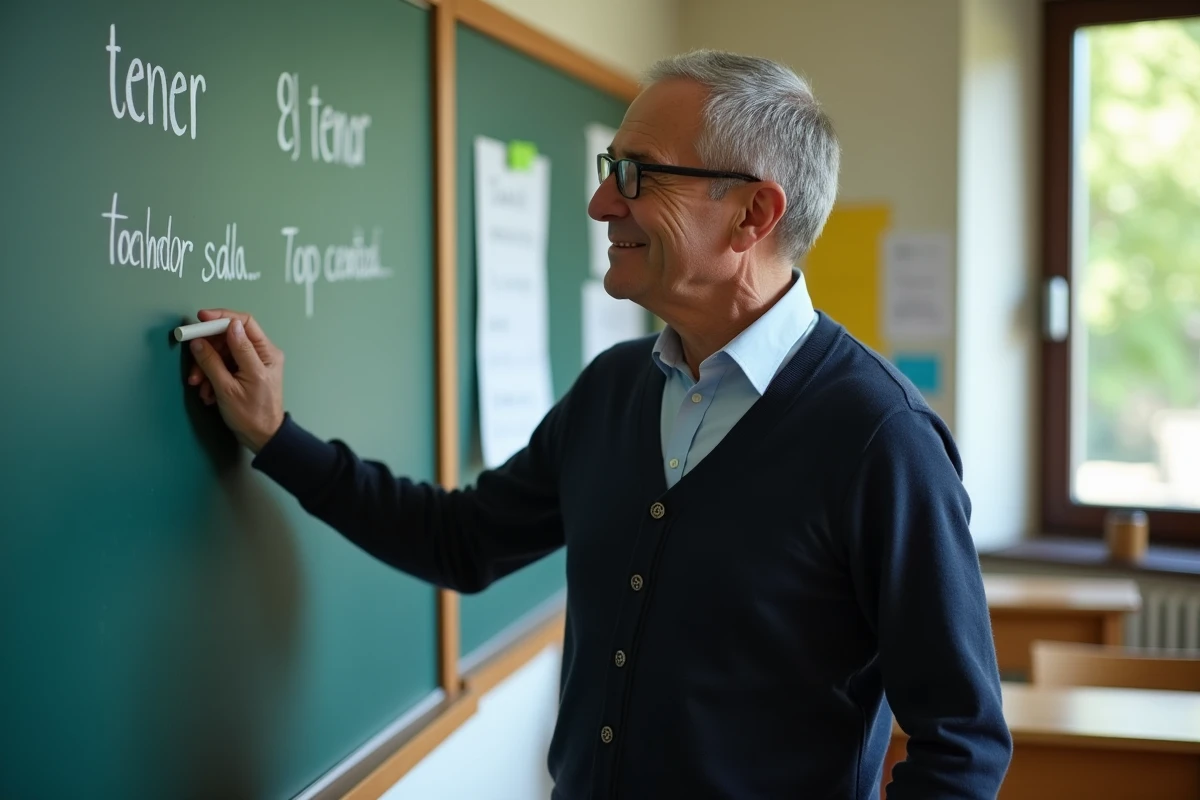 Professeur expliquant la conjugaison du verbe tener en classe
