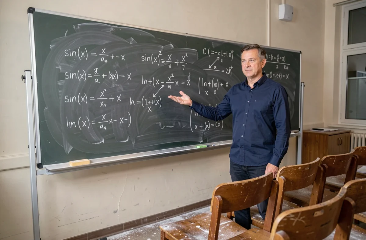 Professeur de mathématiques expliquant les équivalents classiques de limites au tableau noir dans un amphithéâtre universitaire