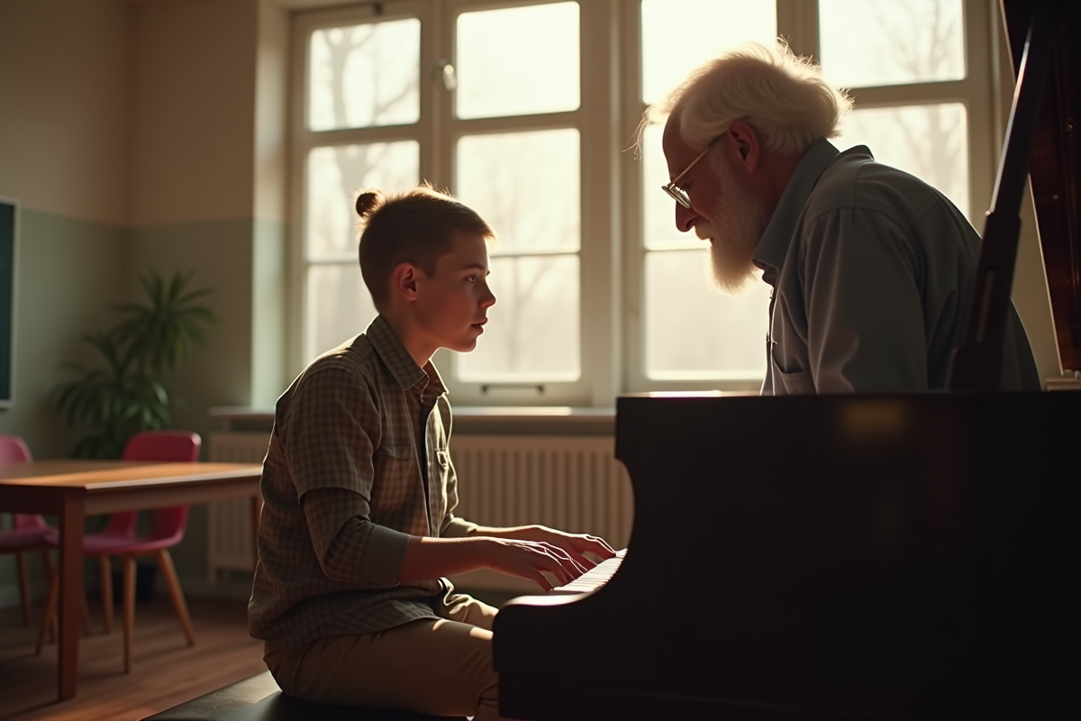 Professeur de piano donnant une leçon à un adolescent dans une salle moderne