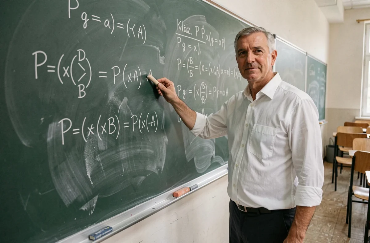 Professeur de mathématiques expliquant l'égalité des probabilités P(A inter B) et P(B inter A) au tableau
