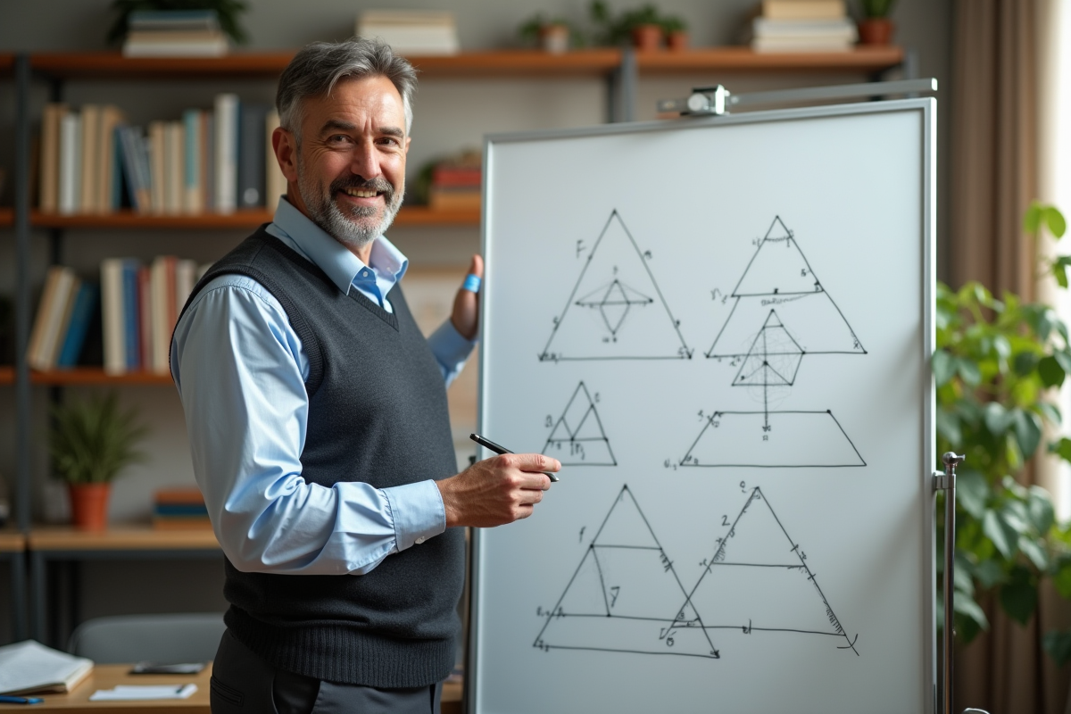 Professeur dessinant des triangles sur un tableau blanc en bureau