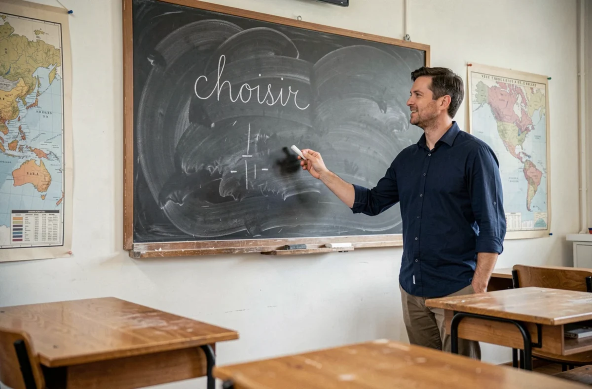 Professeur de français écrivant la conjugaison du verbe choisir au passé simple sur un tableau noir en classe