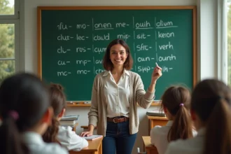 Professeure française souriante écrit des conjugaisons sur un tableau