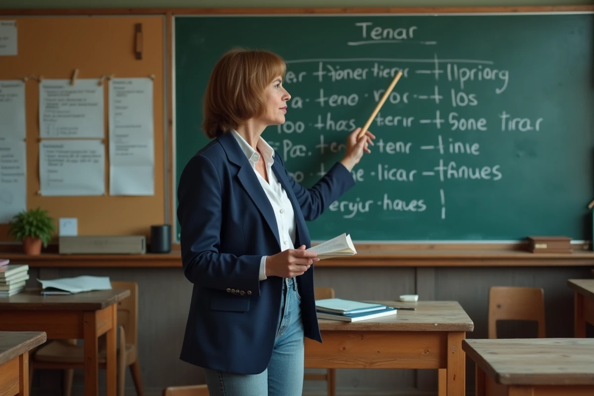 Professeure de grammaire espagnole expliquant le passé simple du verbe tener au tableau noir dans une salle de classe