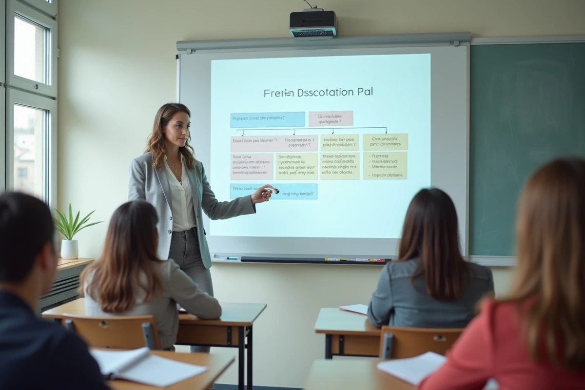 Professeure expliquant la structure d'une dissertation française au tableau devant une classe
