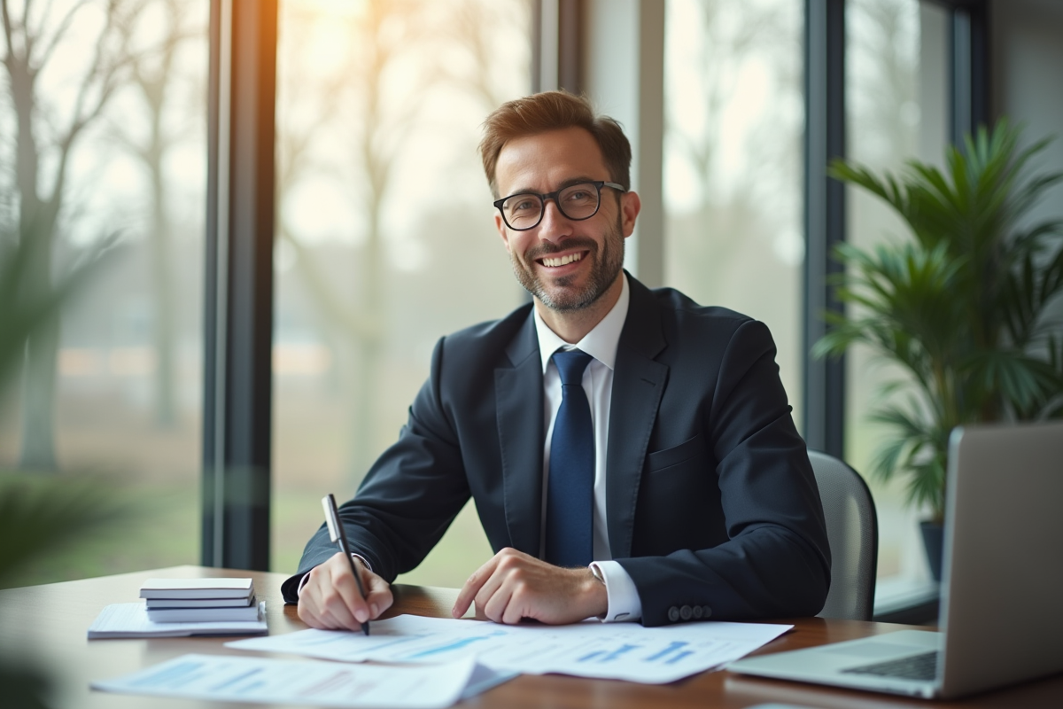 Professionnel confiant au bureau avec documents financiers