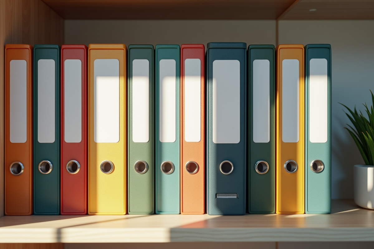Rayonnage organisé avec dossiers et fournitures de bureau