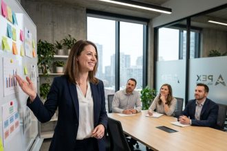 Responsable RH présentant la stratégie de marque employeur à son équipe dans un bureau moderne