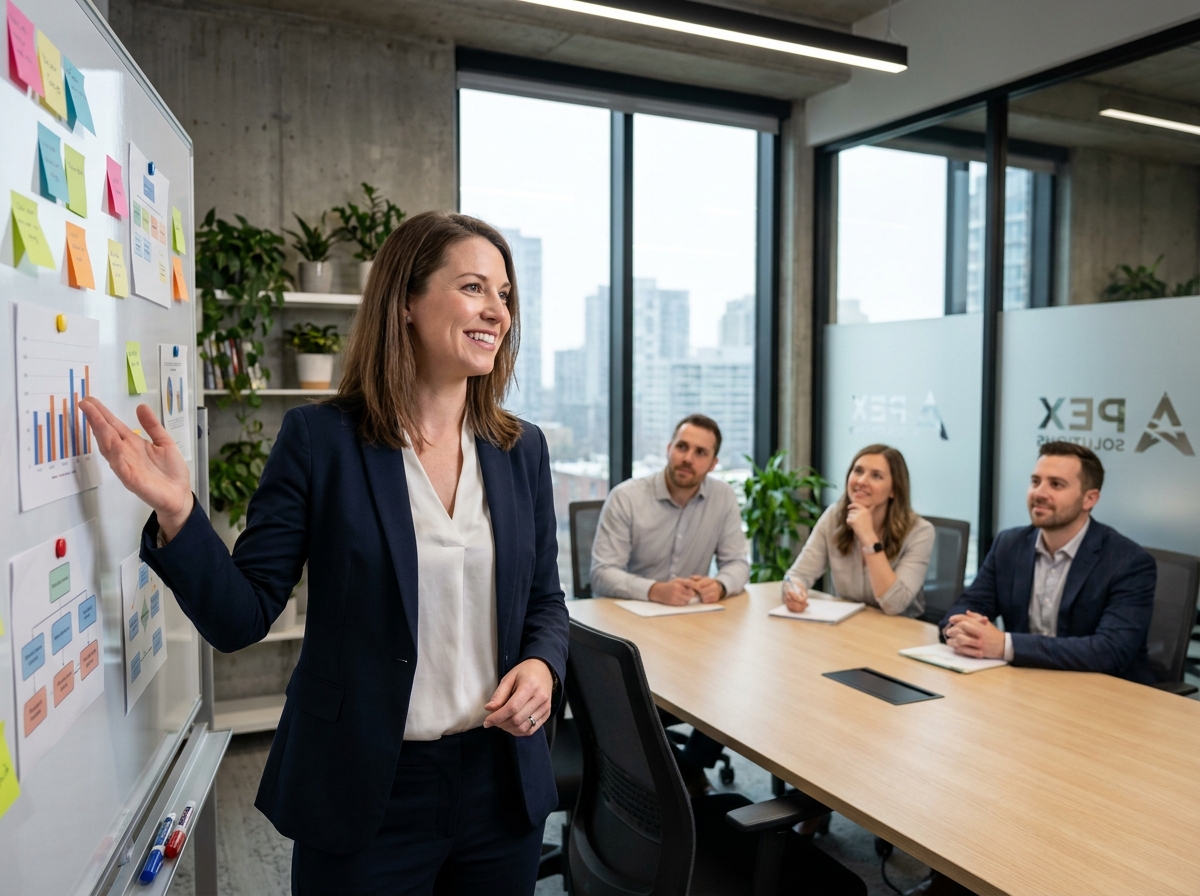 Responsable RH présentant la stratégie de marque employeur à son équipe dans un bureau moderne