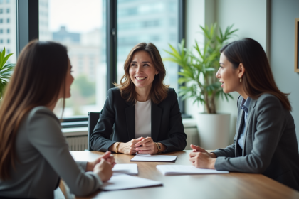 Groupe de trois adultes en r&eacute;union dans un bureau moderne