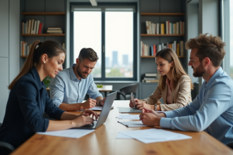 Quatre adultes en réunion autour d'une table moderne