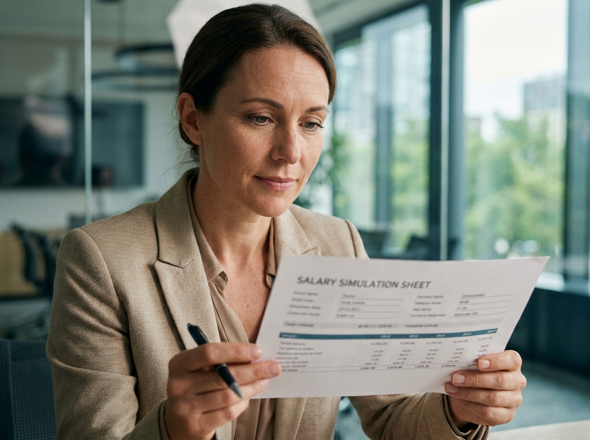 Consultante indépendante examinant une simulation de salaire net calculée depuis son TJM dans une salle de réunion professionnelle