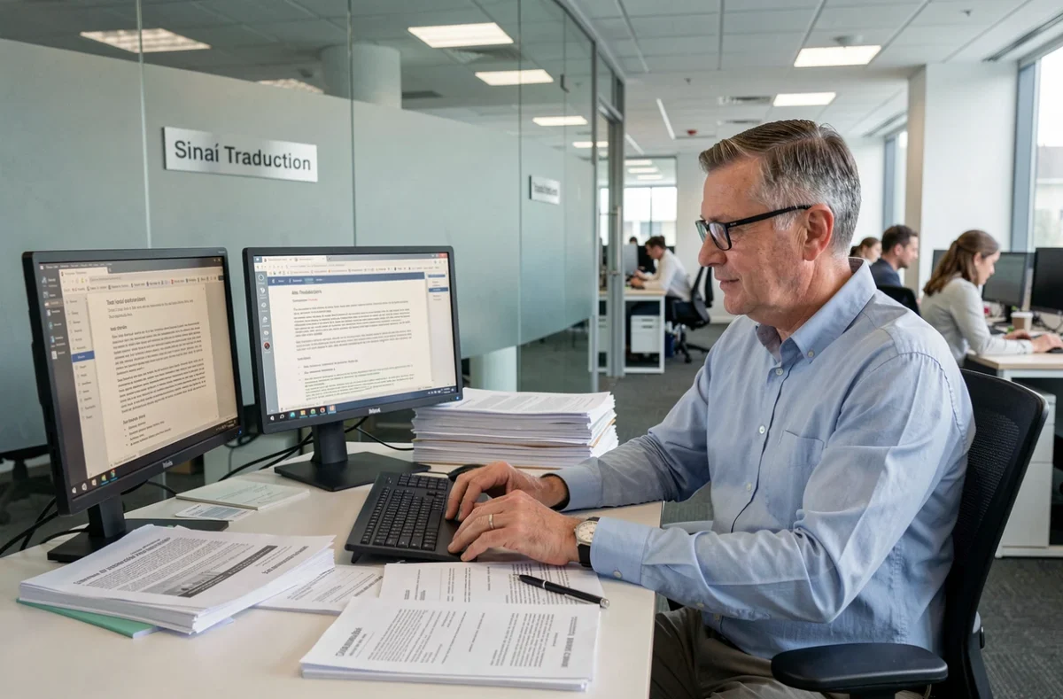 Traducteur professionnel de Sinaï Traduction travaillant sur des documents bilingues dans un bureau moderne en Essonne