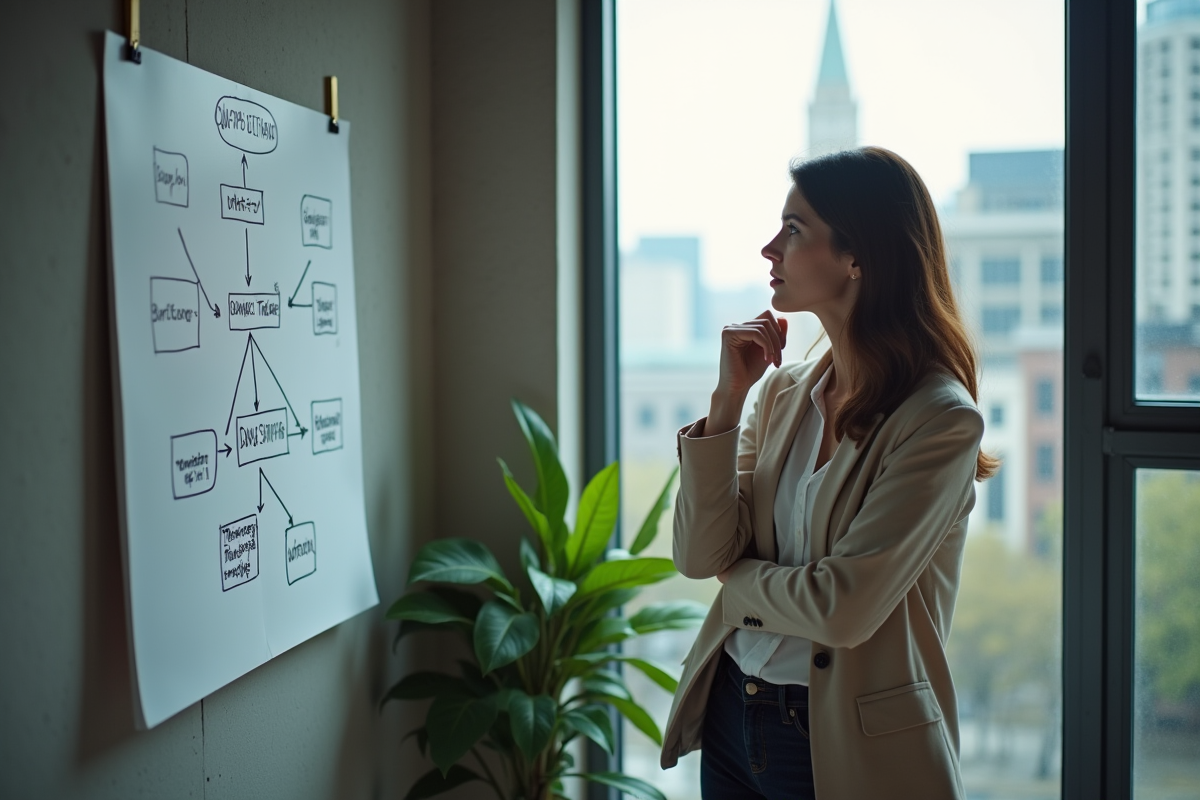Femme stratège en réflexion devant un graphique stratégique