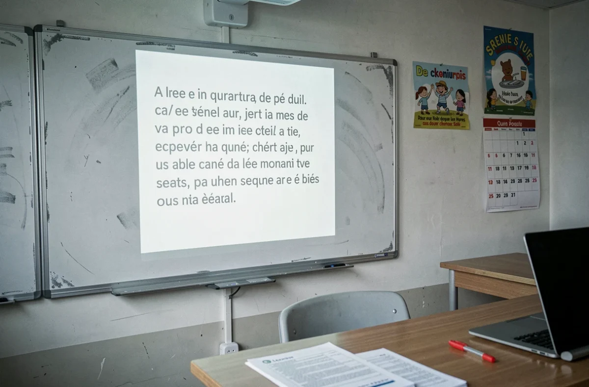 Tableau de classe de CE1 affichant un texte de lecture projeté dans une salle vide prête pour la séance du lendemain