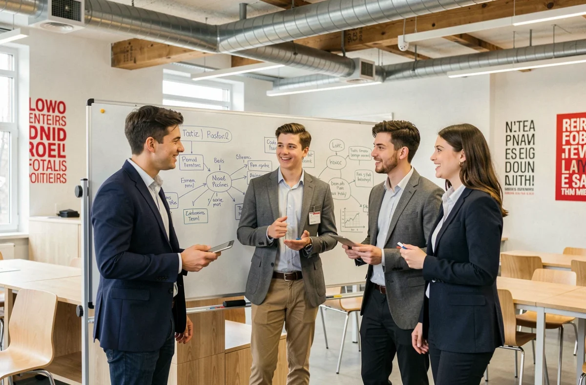 Étudiants de Talis Poitiers en alternance travaillant ensemble sur un projet de management dans un espace collaboratif moderne