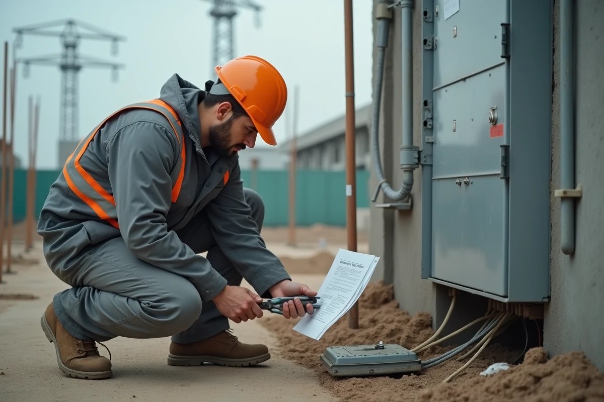 Technicien habilité Habilec7 vérifiant des connexions électriques sur un chantier de construction