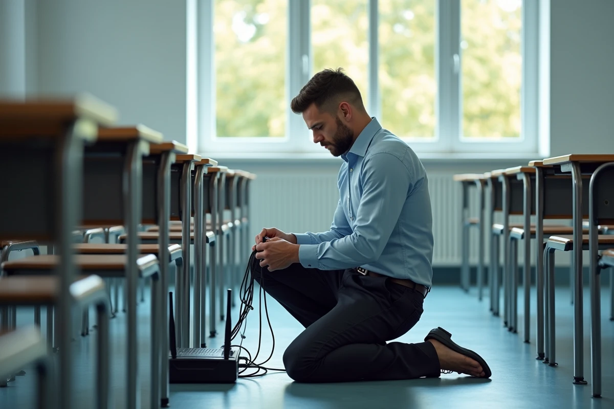 Technicien informatique réparant un routeur dans une salle de classe