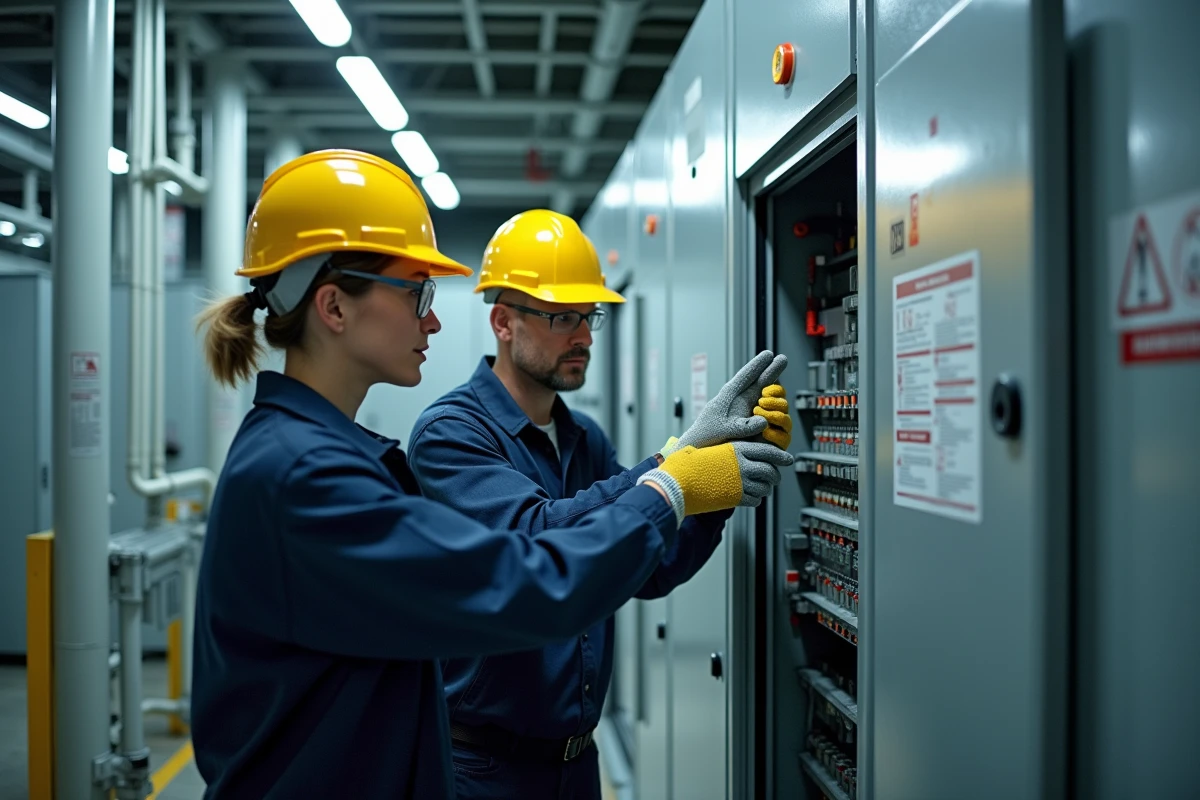 Deux techniciens en équipements de protection individuelle travaillant sur un tableau de distribution électrique lors d'une habilitation électrique H7