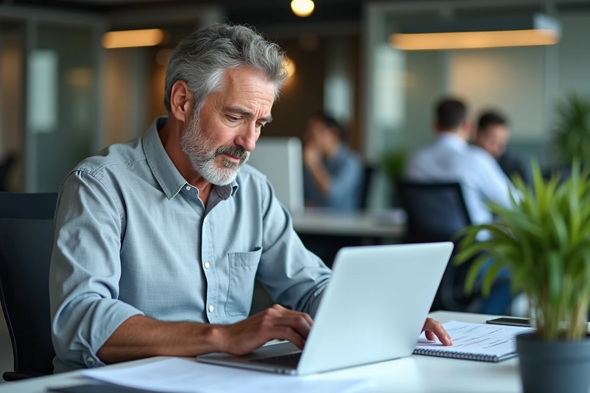 Tuteur professionnel en entreprise complétant une fiche d'évaluation de stage sur ordinateur portable