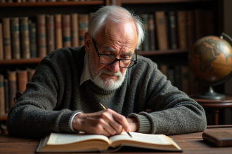 Homme âgé lisant un vieux livre dans un bureau ancien