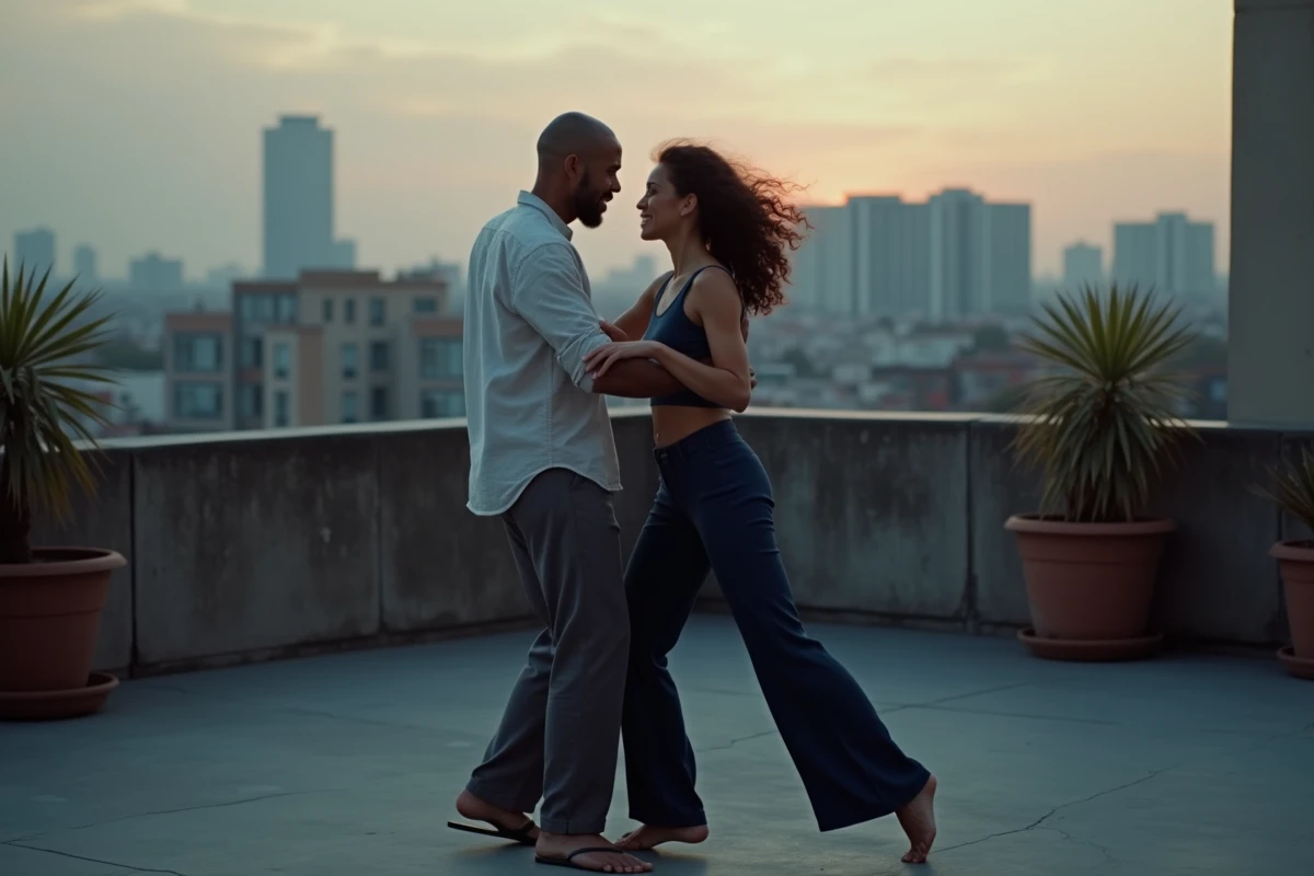 Danseurs de Zouk en connexion visuelle intense sur un rooftop urbain au coucher du soleil
