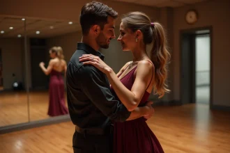 Couple de danseurs de Zouk échangeant un regard complice et sincère lors d'une session de danse en studio