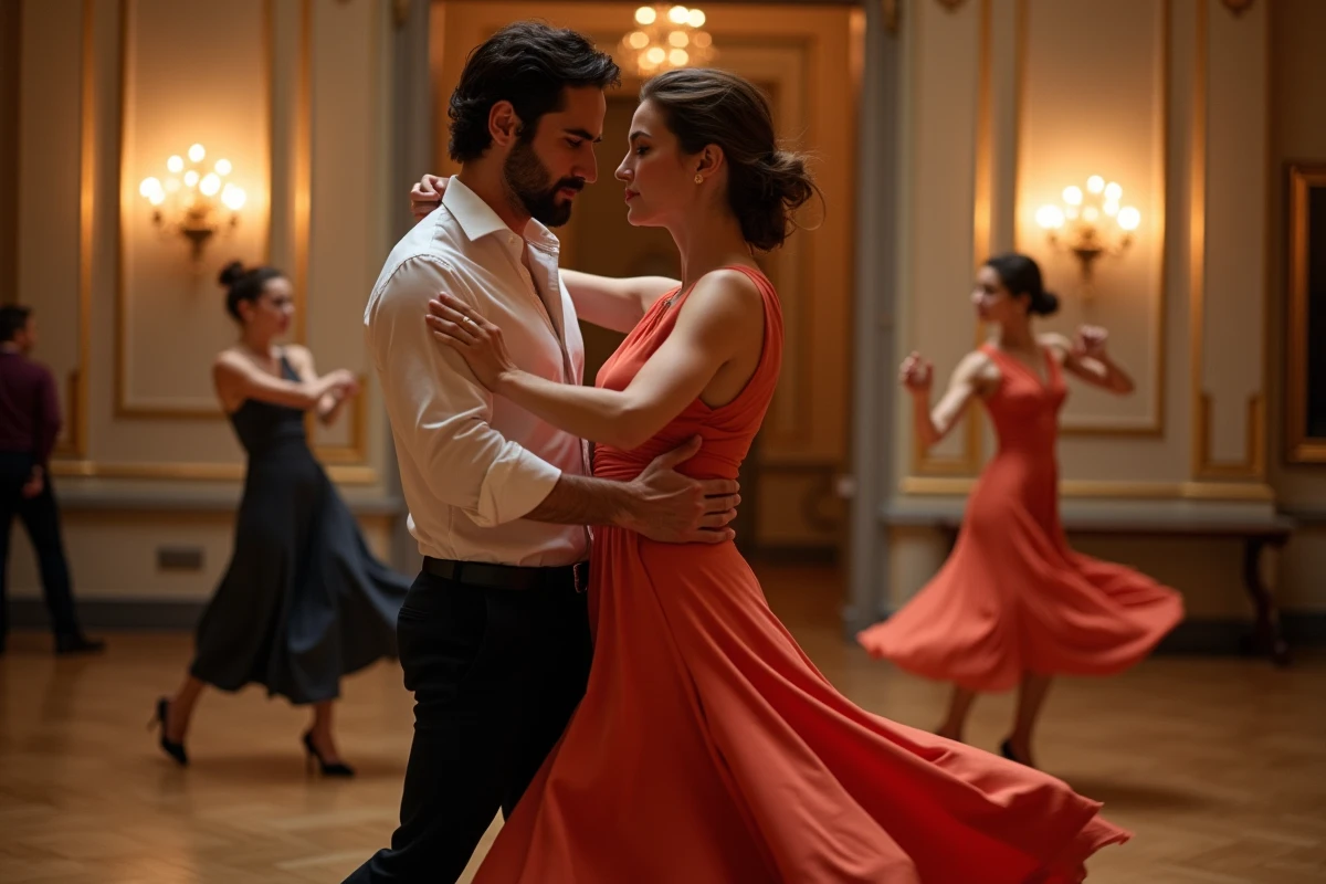 Soirée de danse Zouk dans un bal élégant avec couples partageant un regard intense et complice